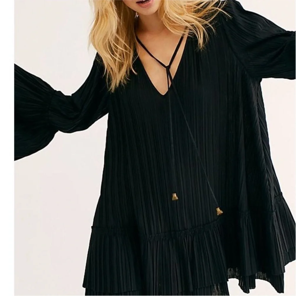 New Free People Can't Help It Long Sleeve Mini Dress Small Black OB998026